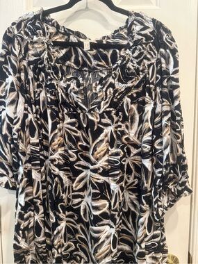 LOGO by Lori Goldstein Black Floral-Brushstroke Tiered DressCream & Gold Accents